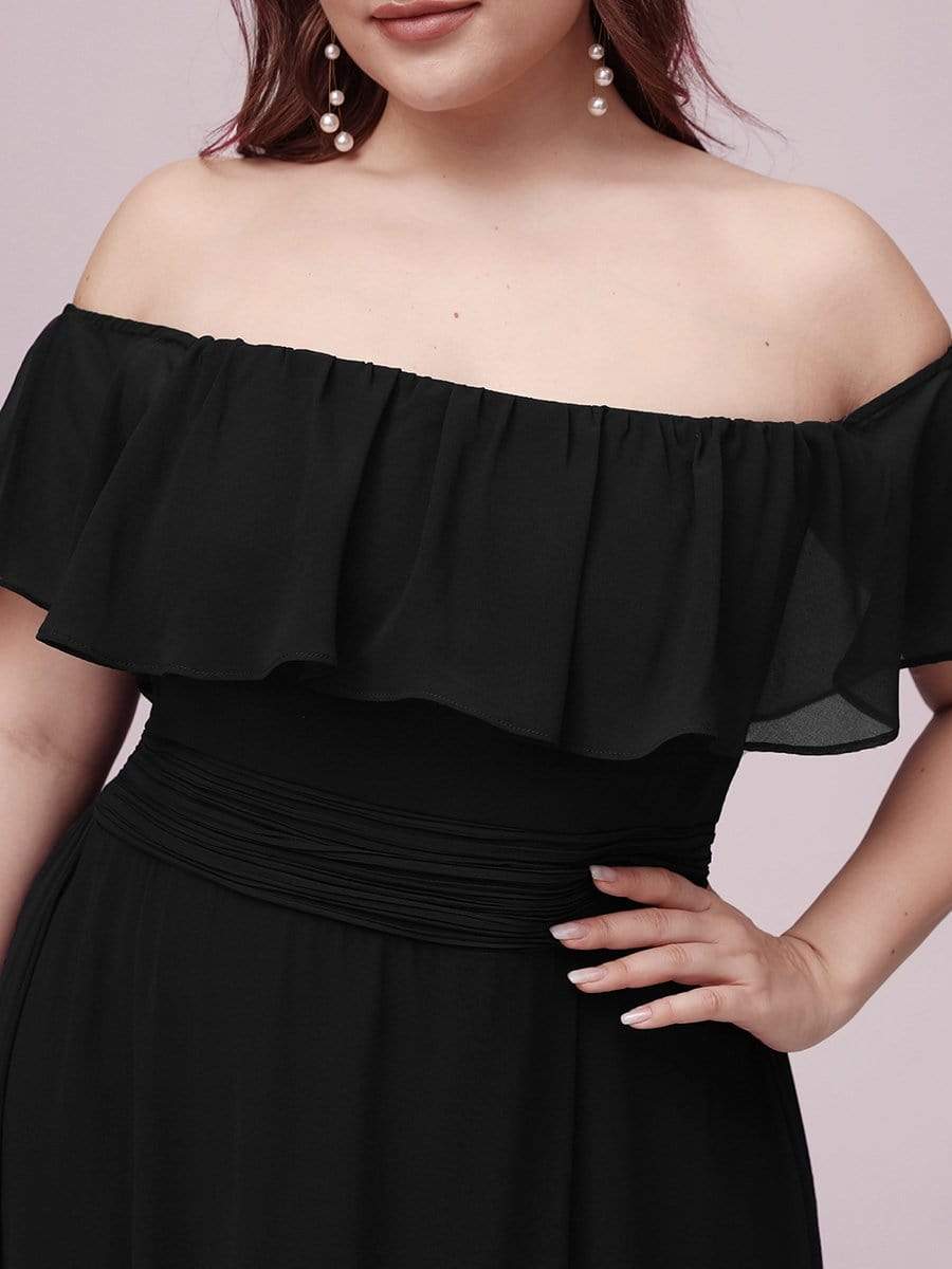 Women's Off-The-Shoulder Ruffle Thigh Split Plus Size Bridesmaid Dress #color_Black