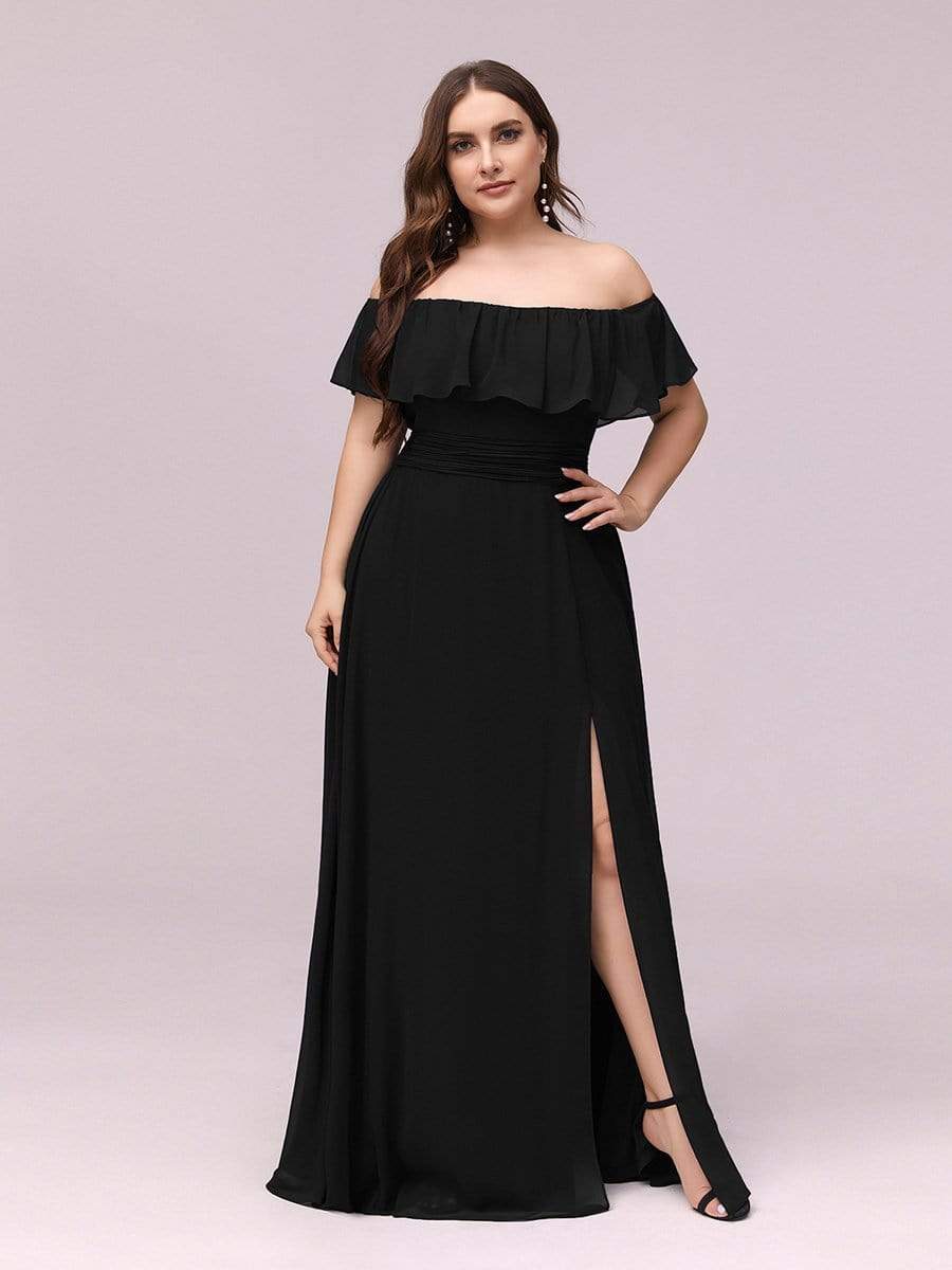 Women's Off-The-Shoulder Ruffle Thigh Split Plus Size Bridesmaid Dress #color_Black