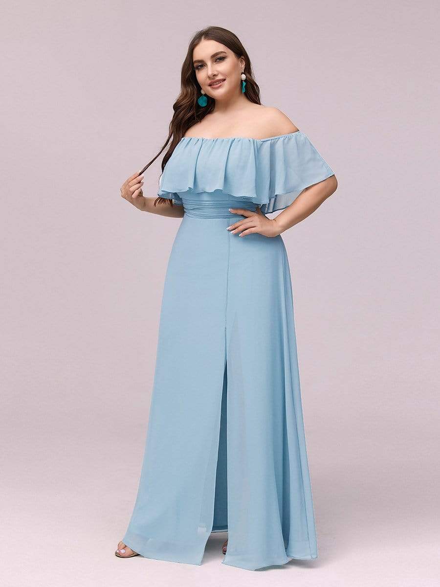 Women's Off-The-Shoulder Ruffle Thigh Split Plus Size Bridesmaid Dress #color_Sky Blue