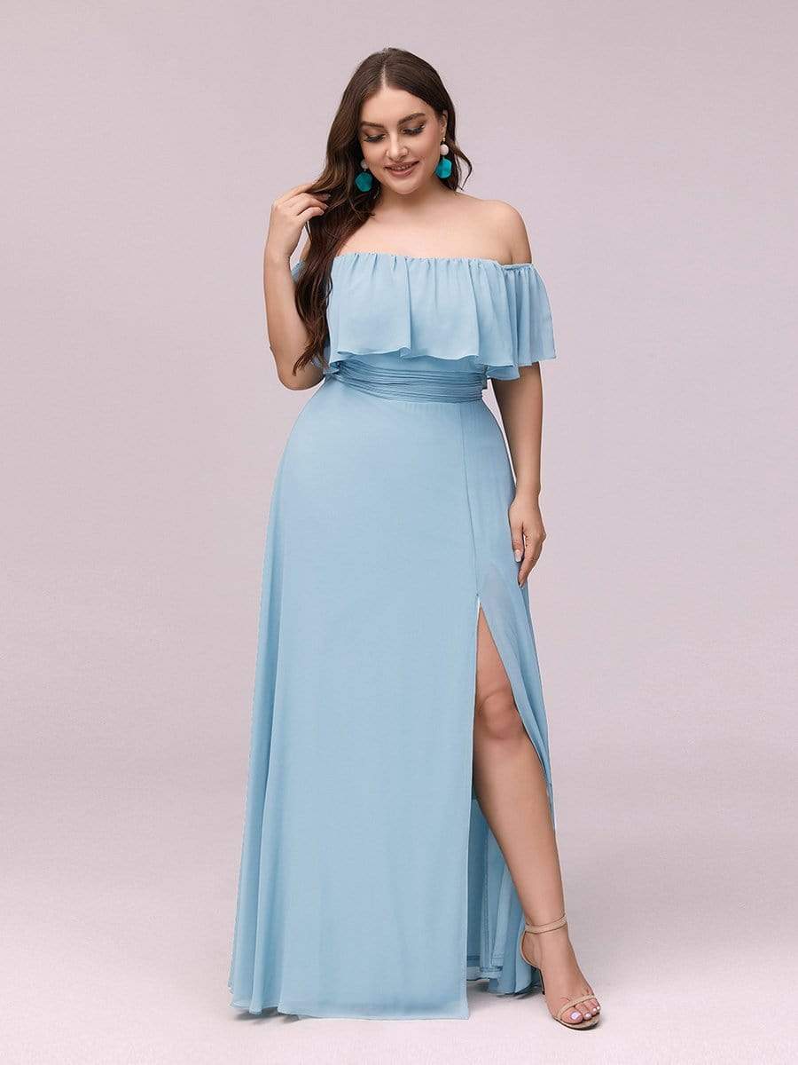 Women's Off-The-Shoulder Ruffle Thigh Split Plus Size Bridesmaid Dress #color_Sky Blue