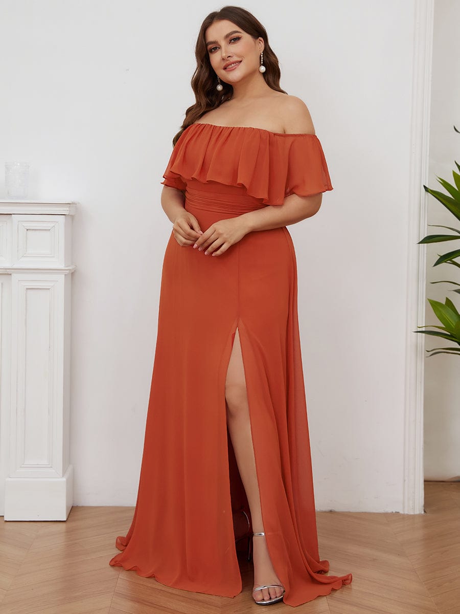 Women's Off-The-Shoulder Ruffle Thigh Split Plus Size Bridesmaid Dress #color_Burnt Orange