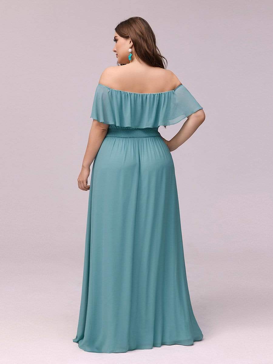 Women's Off-The-Shoulder Ruffle Thigh Split Plus Size Bridesmaid Dress #color_Dusty Blue