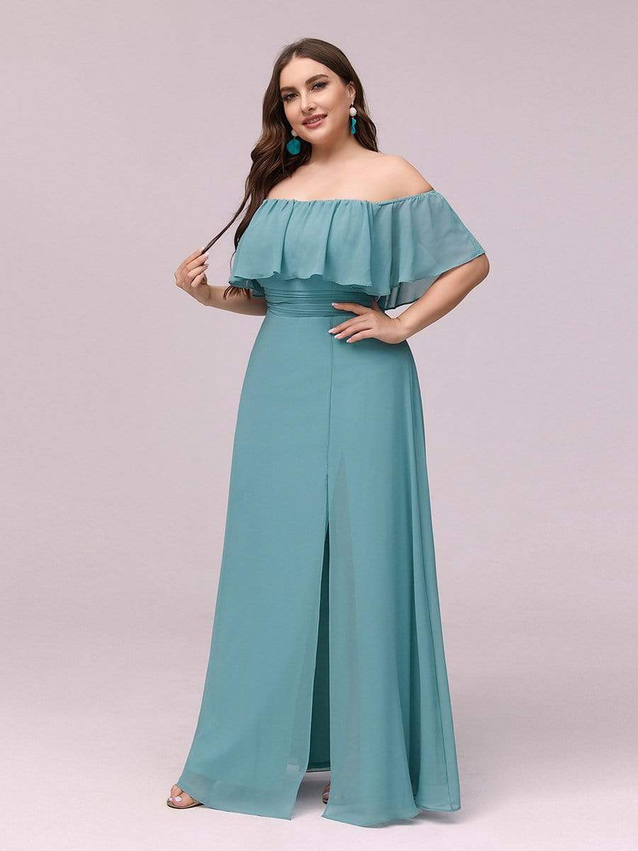 Women's Off-The-Shoulder Ruffle Thigh Split Plus Size Bridesmaid Dress #color_Dusty Blue