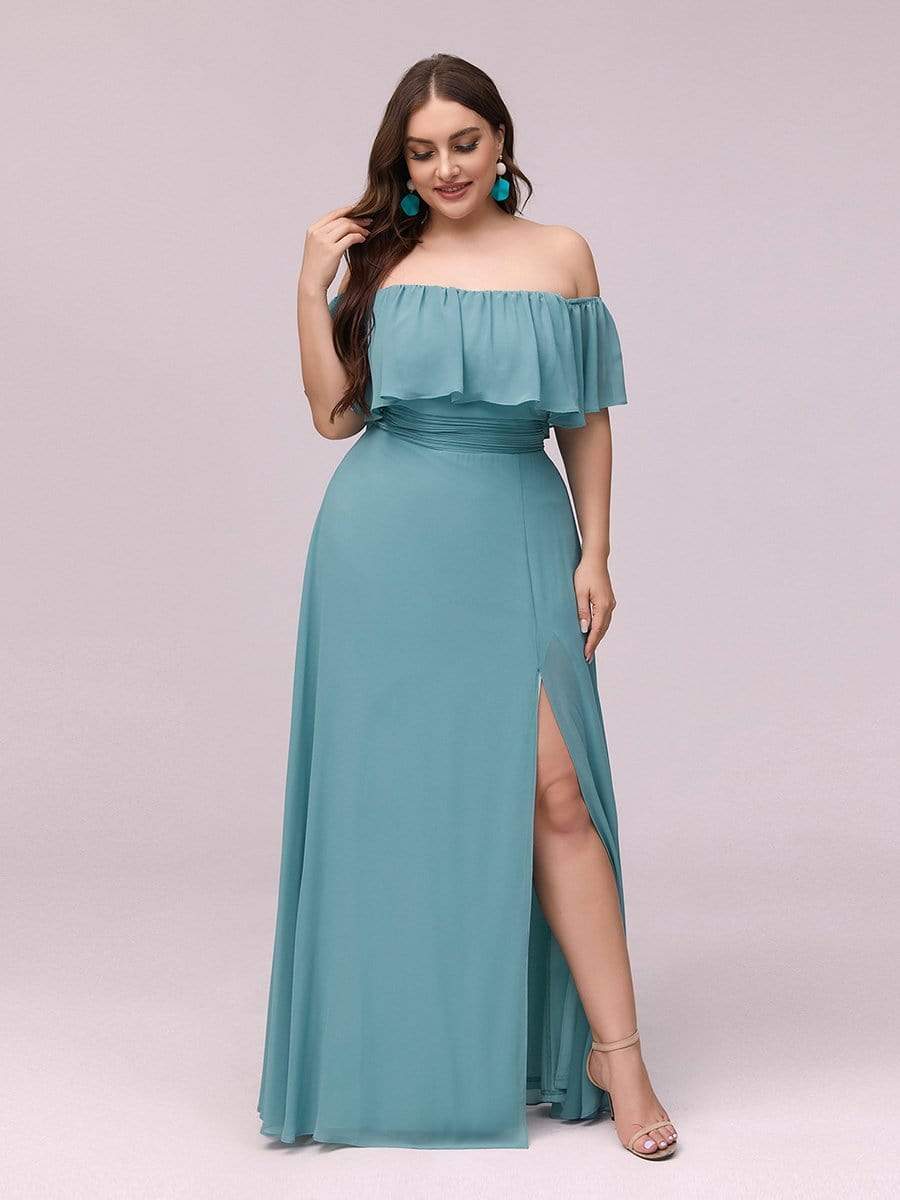 Women's Off-The-Shoulder Ruffle Thigh Split Plus Size Bridesmaid Dress #color_Light Teal