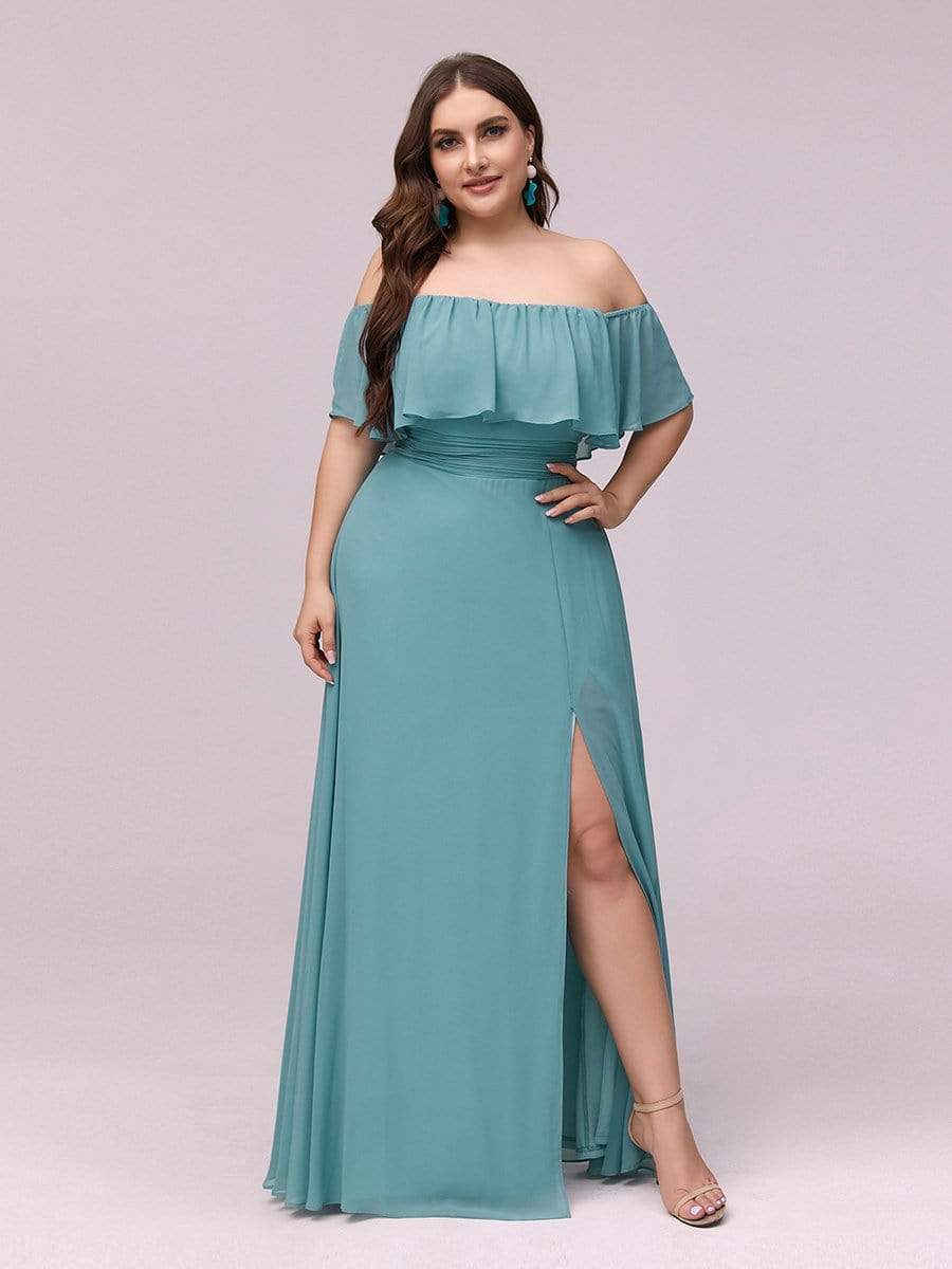 Women's Off-The-Shoulder Ruffle Thigh Split Plus Size Bridesmaid Dress #color_Dusty Blue