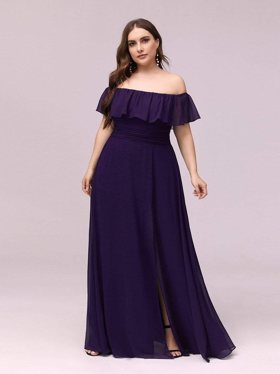 Women's Off-The-Shoulder Ruffle Thigh Split Plus Size Bridesmaid Dress #color_Dark Purple