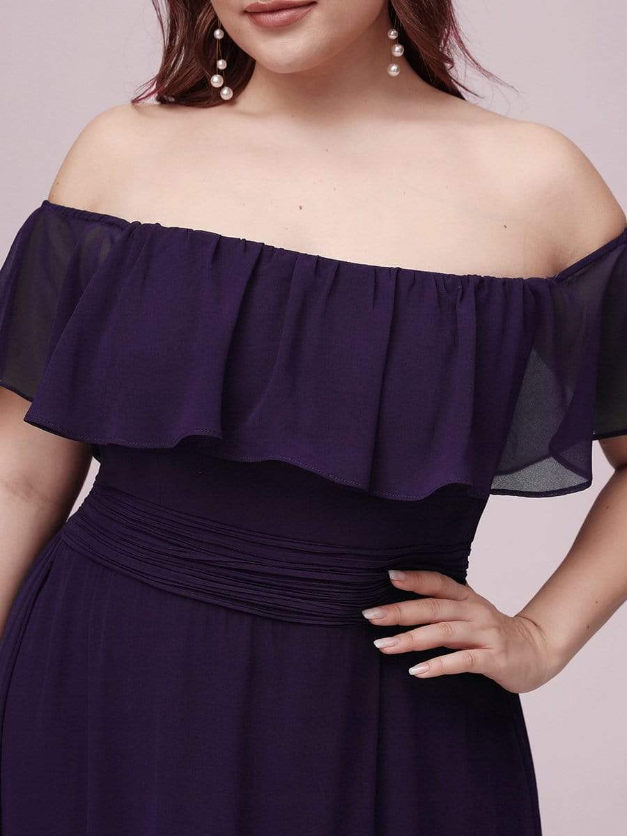 Women's Off-The-Shoulder Ruffle Thigh Split Plus Size Bridesmaid Dress #color_Dark Purple