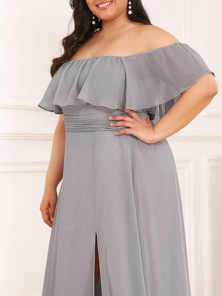 Women's Off-The-Shoulder Ruffle Thigh Split Plus Size Bridesmaid Dress #color_Grey