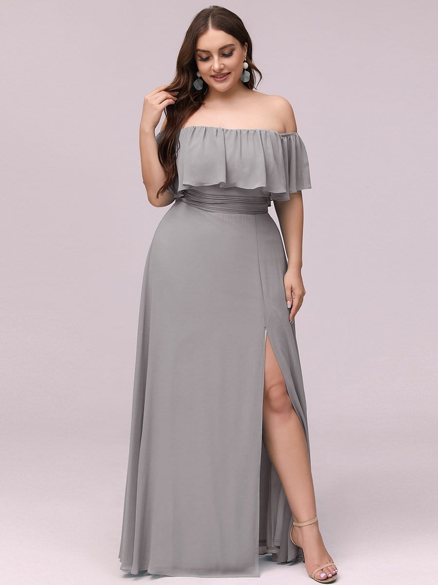 Women's Off-The-Shoulder Ruffle Thigh Split Plus Size Bridesmaid Dress #color_Grey