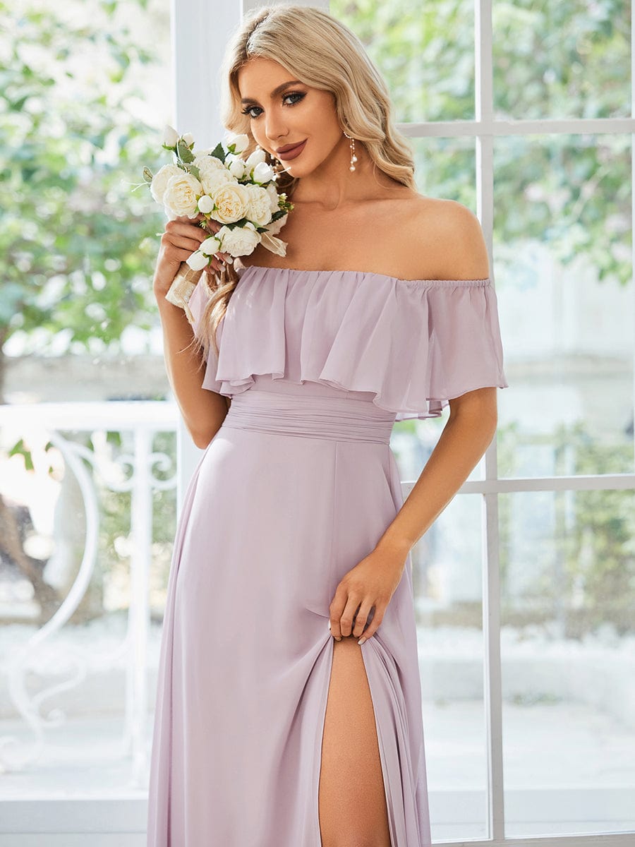 Plain Off Shoulder Chiffon Wedding Dress with Side Split #color_Lilac