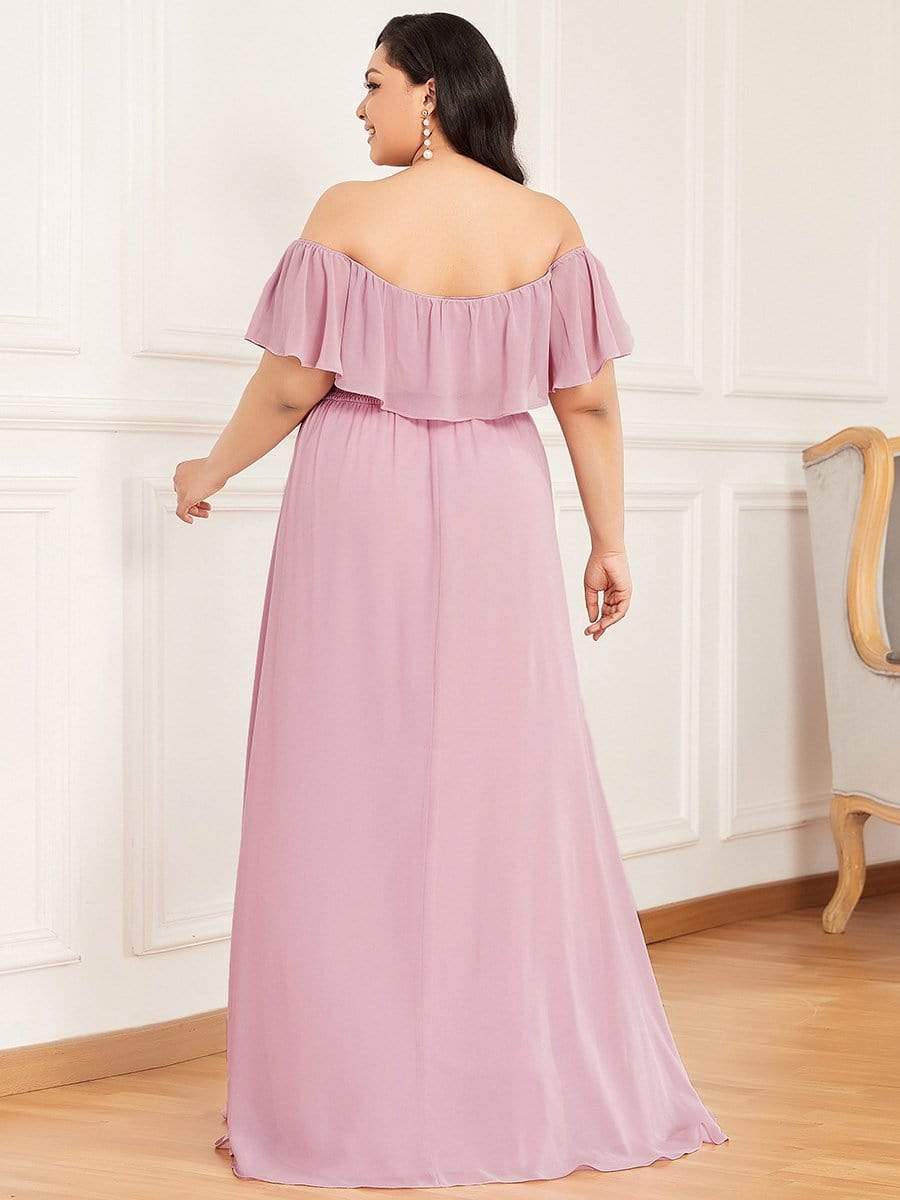 Women's Off-The-Shoulder Ruffle Thigh Split Plus Size Bridesmaid Dress #color_Mauve