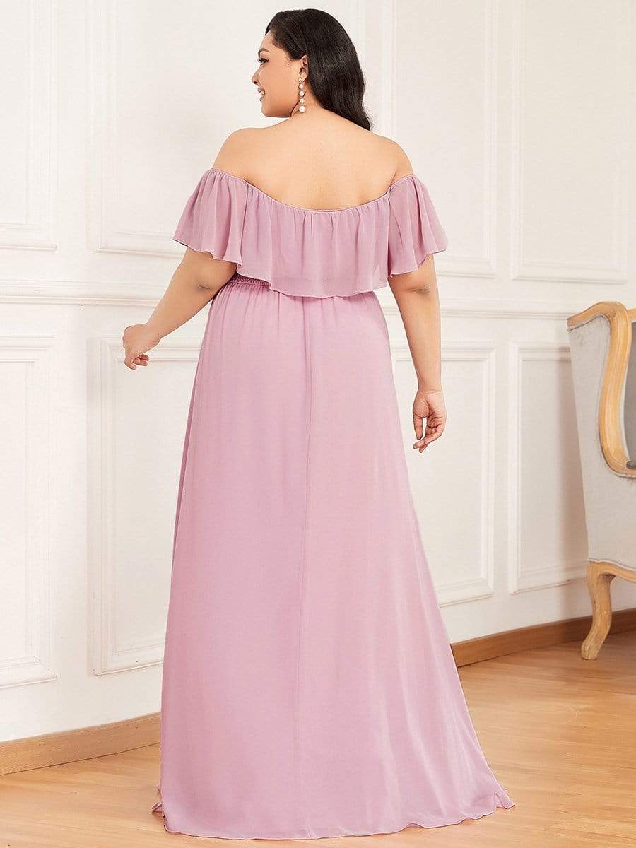 Plain Off Shoulder Chiffon Wedding Dress with Side Split #color_Mauve