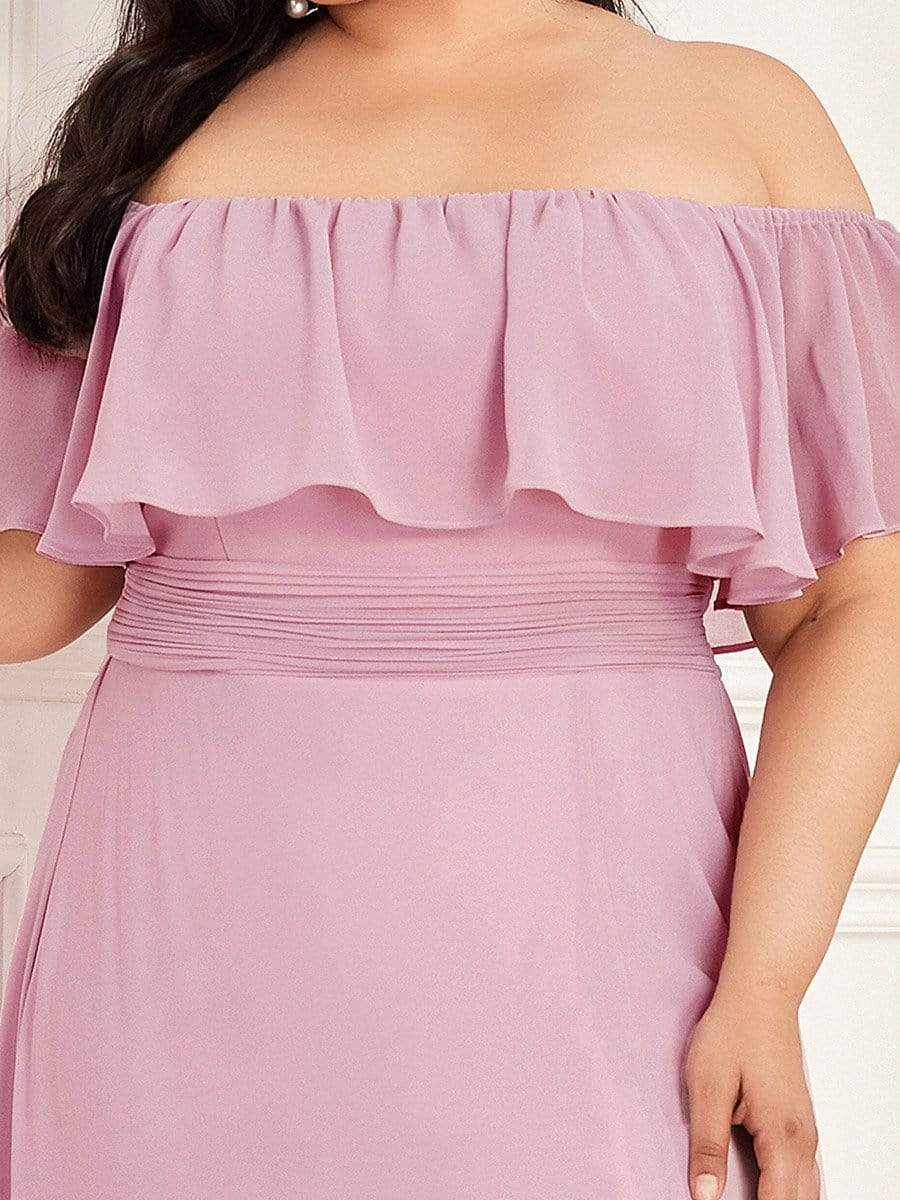 Women's Off-The-Shoulder Ruffle Thigh Split Plus Size Bridesmaid Dress #color_Mauve