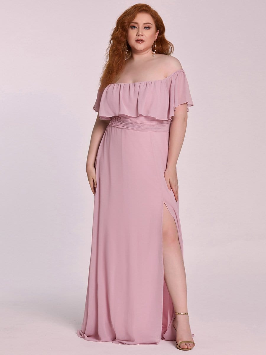 Women's Off-The-Shoulder Ruffle Thigh Split Plus Size Bridesmaid Dress #color_Mauve