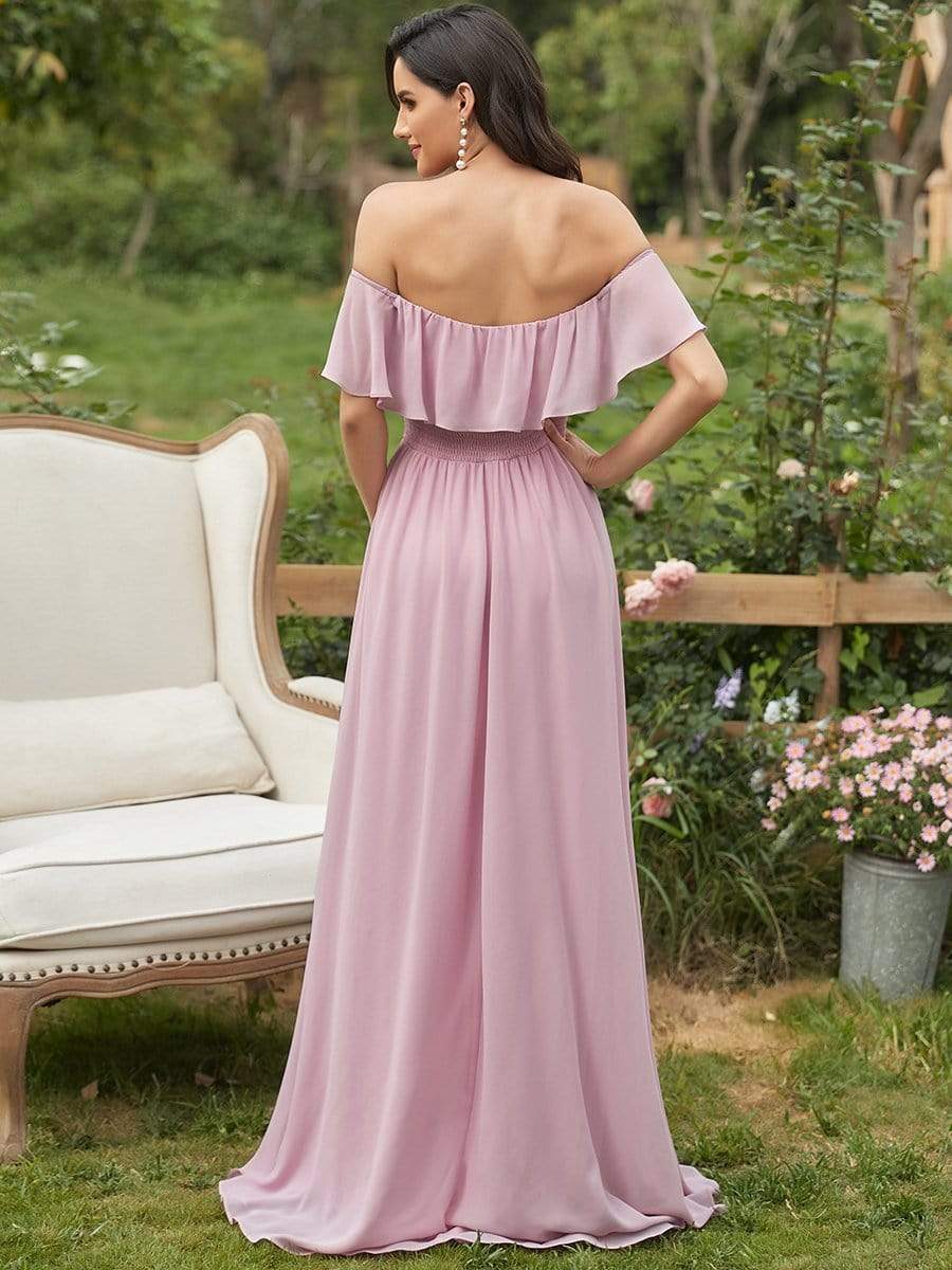 Plain Off Shoulder Chiffon Wedding Dress with Side Split #color_Mauve
