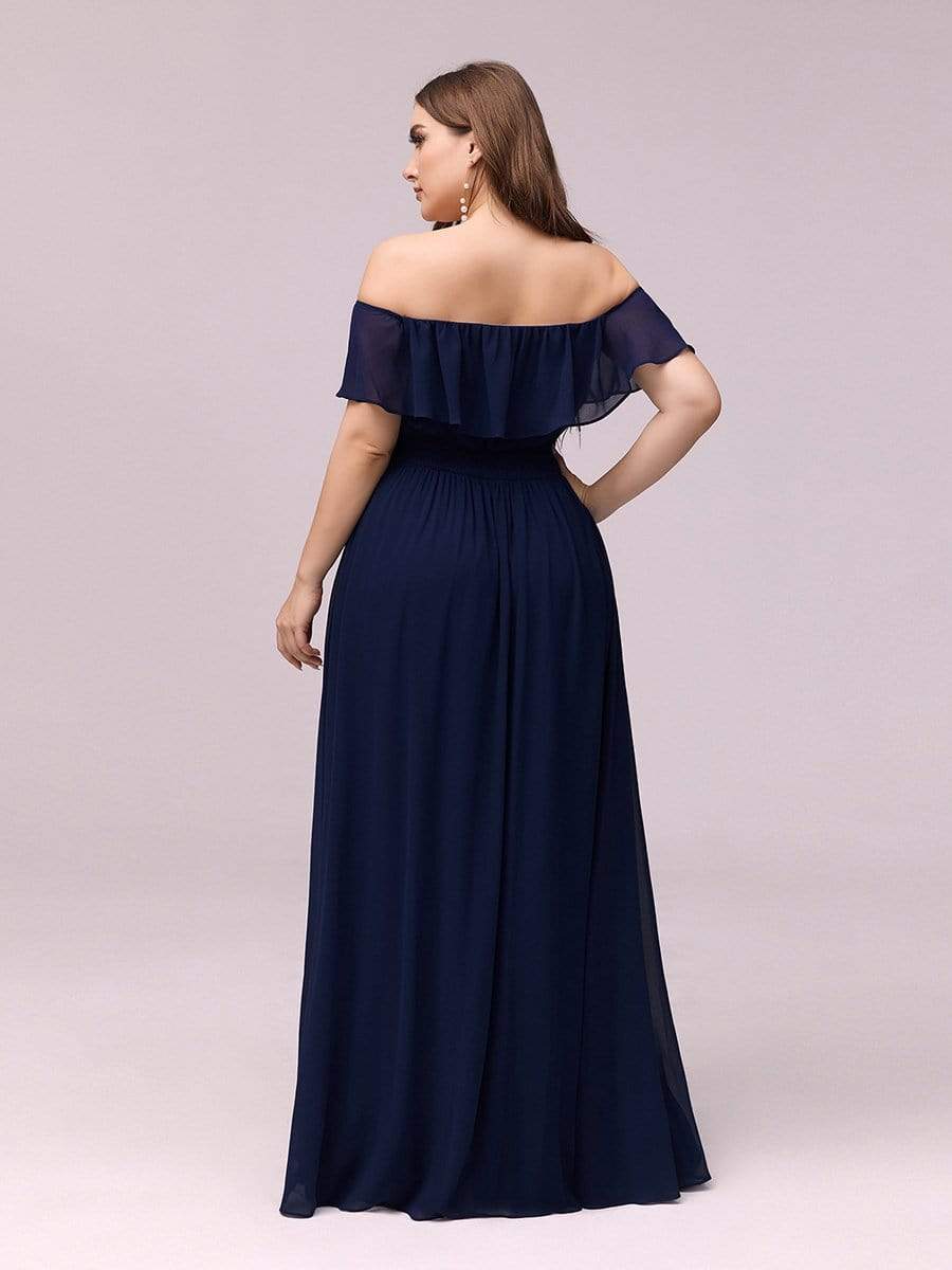 Women's Off-The-Shoulder Ruffle Thigh Split Plus Size Bridesmaid Dress #color_Navy Blue