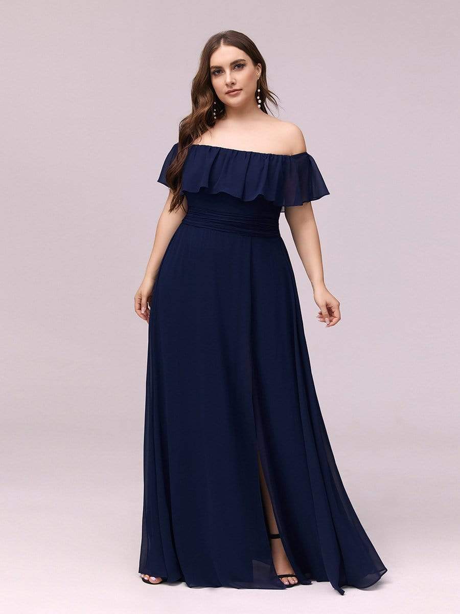 Women's Off-The-Shoulder Ruffle Thigh Split Plus Size Bridesmaid Dress #color_Navy Blue