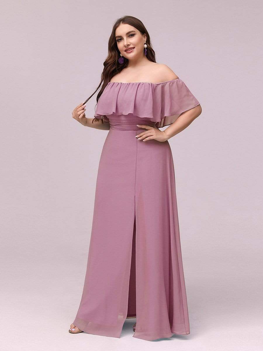 Women's Off-The-Shoulder Ruffle Thigh Split Plus Size Bridesmaid Dress #color_Purple Orchid