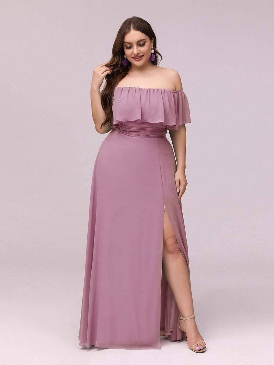 Women's Off-The-Shoulder Ruffle Thigh Split Plus Size Bridesmaid Dress #color_Purple Orchid