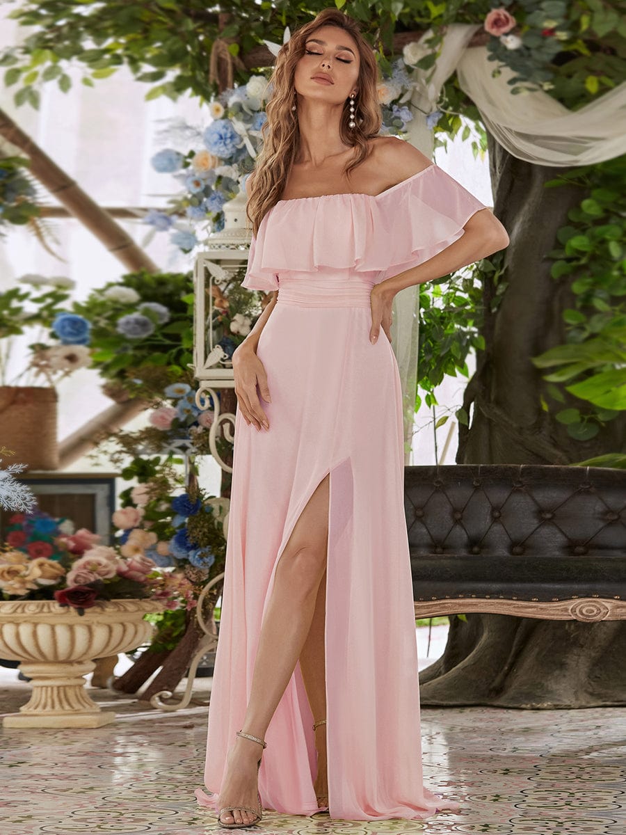 Plain Off Shoulder Chiffon Wedding Dress with Side Split #color_Pink