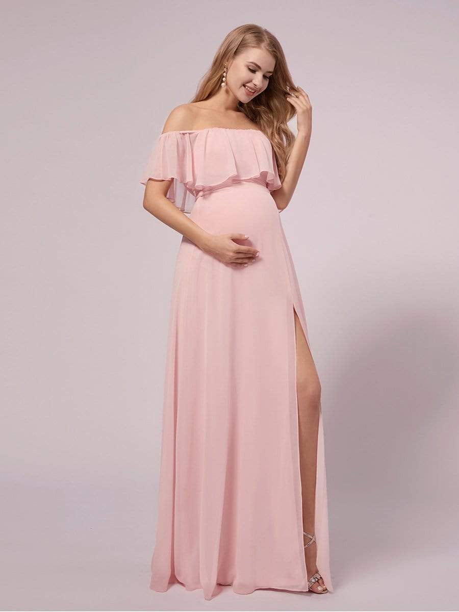 Women's A-Line Off Shoulder Ruffle Thigh Split Maternity Dresses #color_Pink