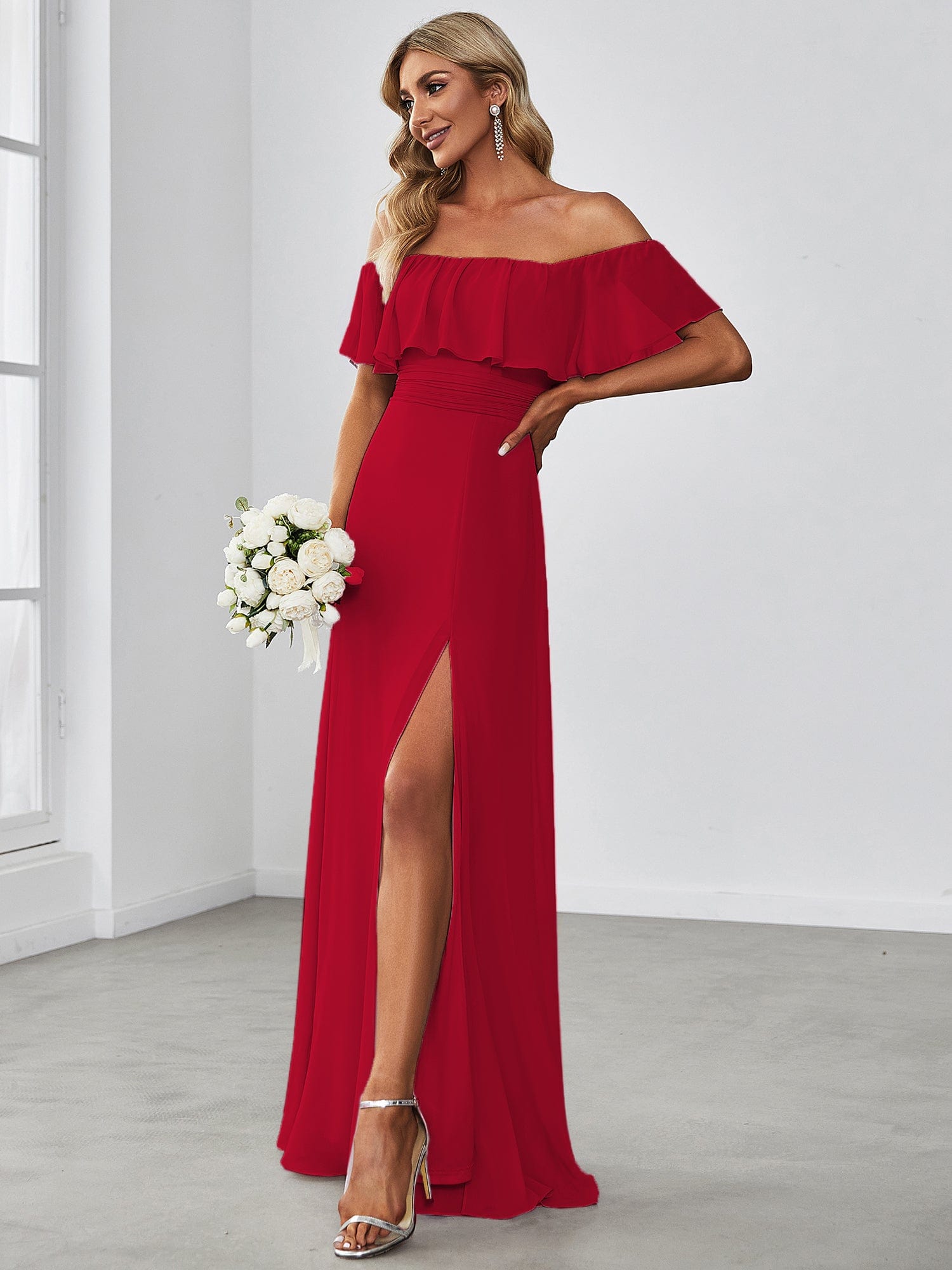 Custom Size Women's Off-The-Shoulder Ruffle Thigh Split Bridesmaid Dresses #color_Red