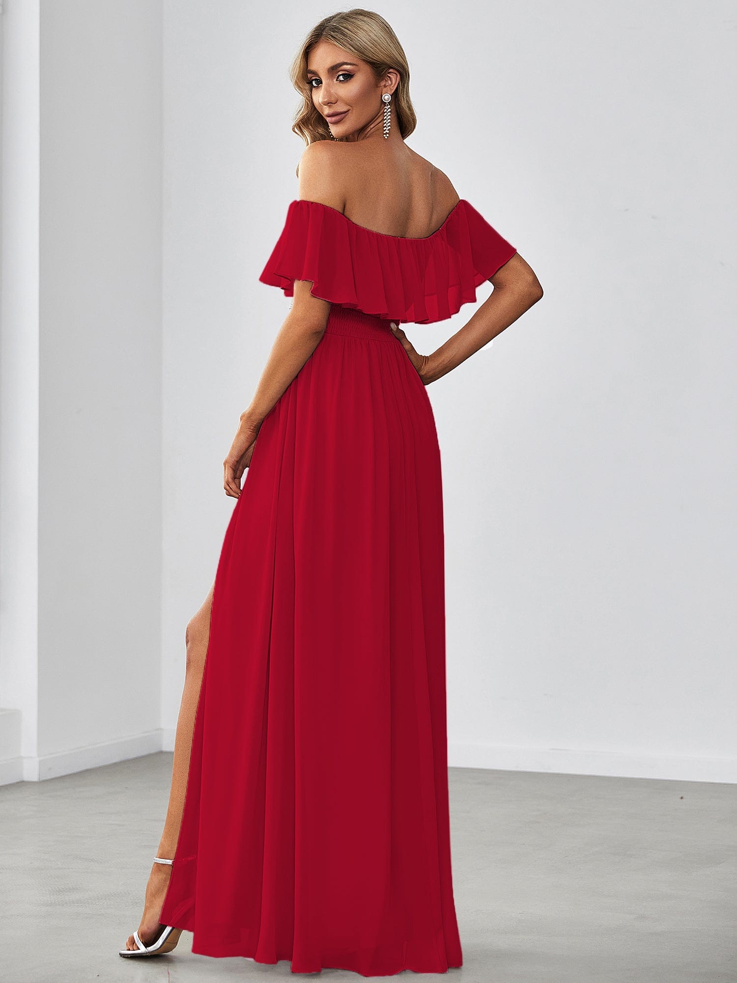 Custom Size Women's Off-The-Shoulder Ruffle Thigh Split Bridesmaid Dresses #color_Red