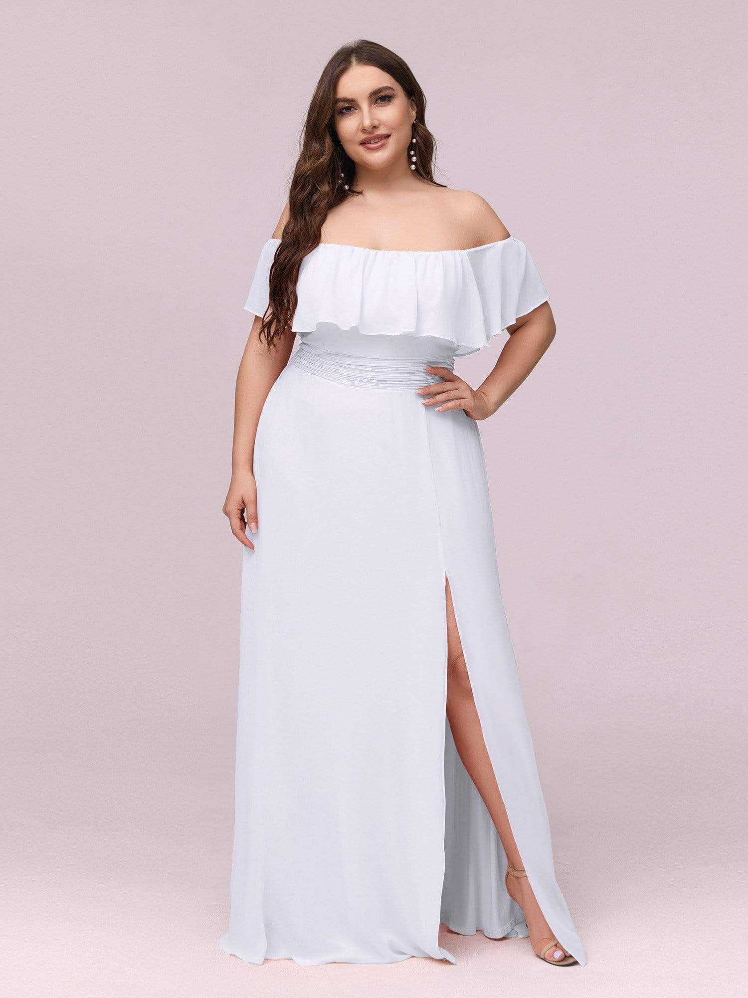 Women's Off-The-Shoulder Ruffle Thigh Split Plus Size Bridesmaid Dress #color_White