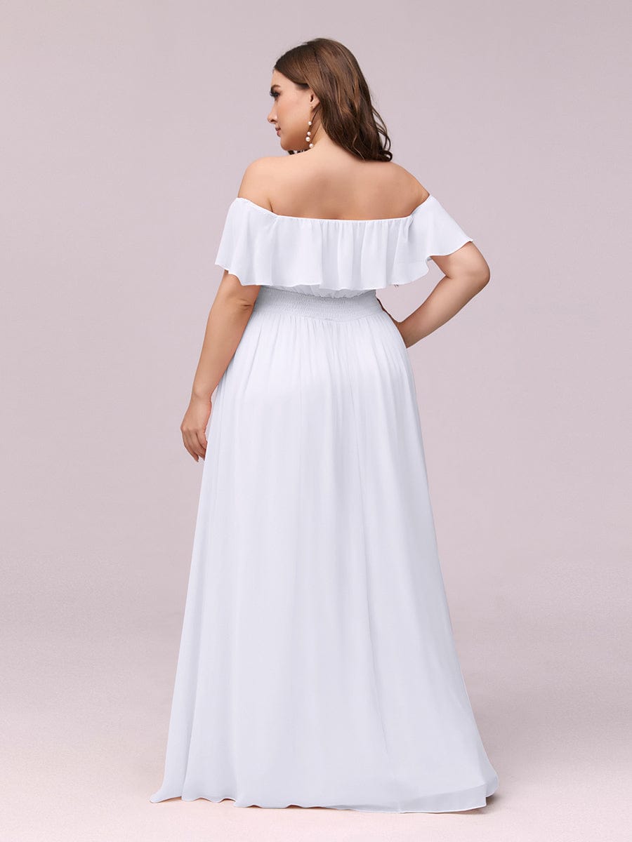 Plain Off Shoulder Chiffon Wedding Dress with Side Split #color_White