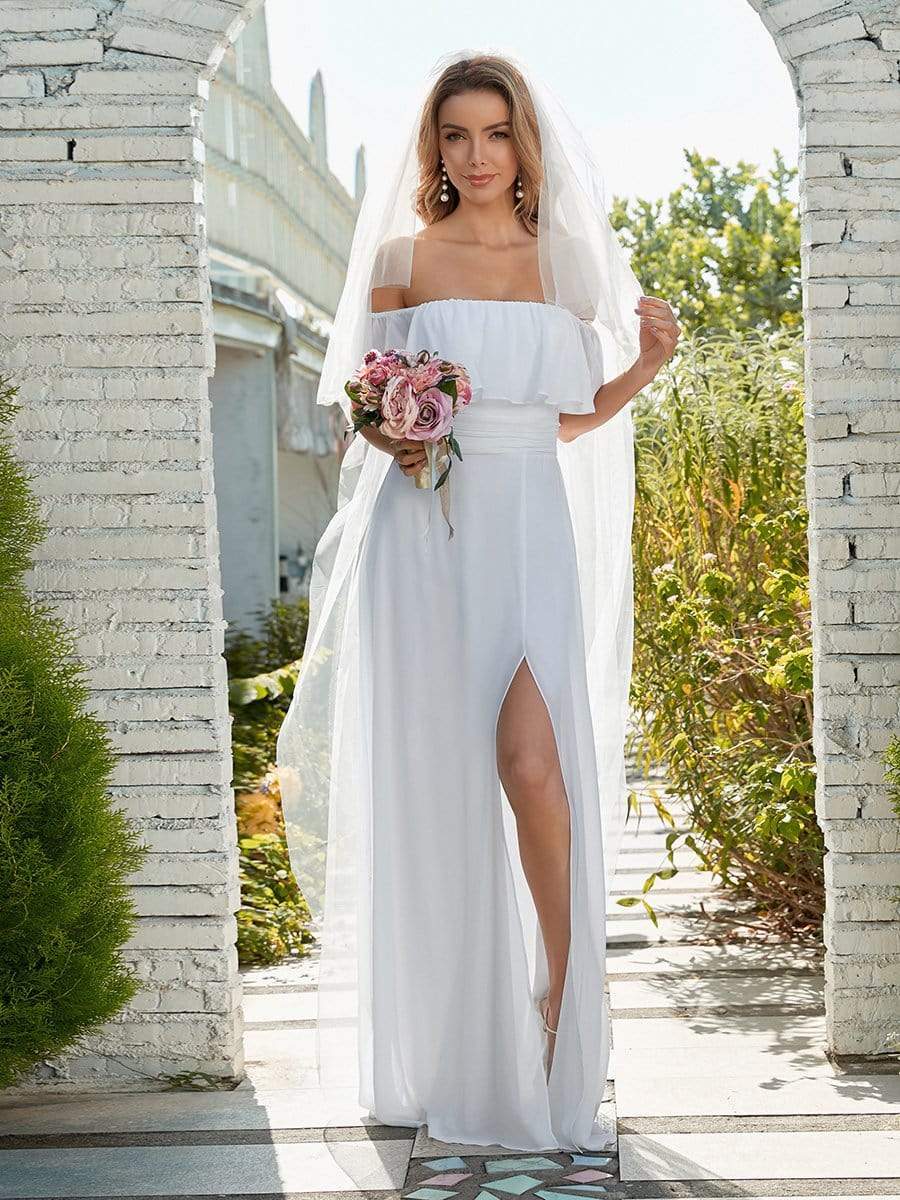 Plain Off Shoulder Chiffon Wedding Dress with Side Split #color_White