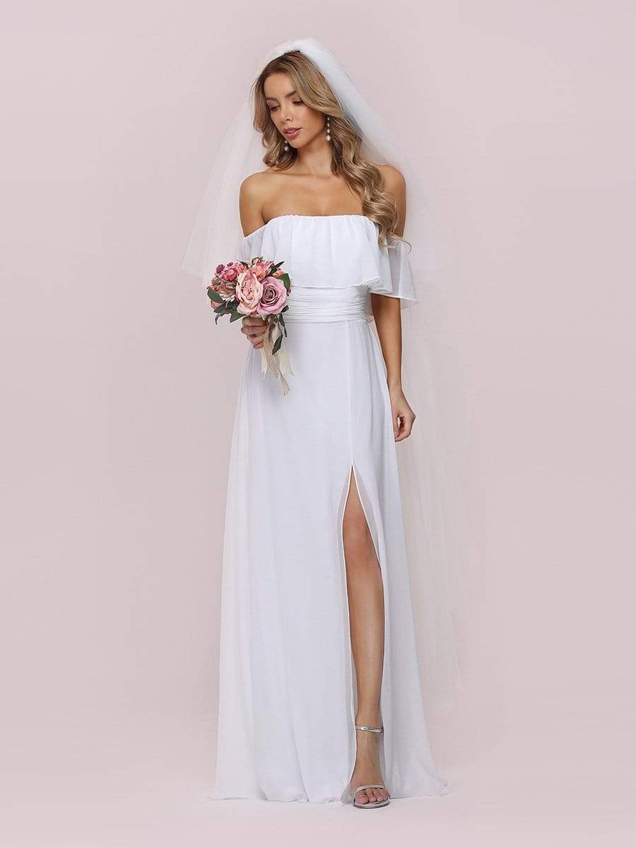 Plain Off Shoulder Chiffon Wedding Dress with Side Split #color_White