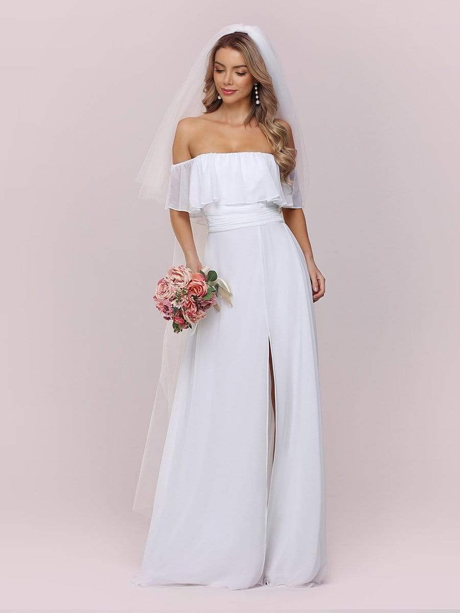 Plain Off Shoulder Chiffon Wedding Dress with Side Split #color_White