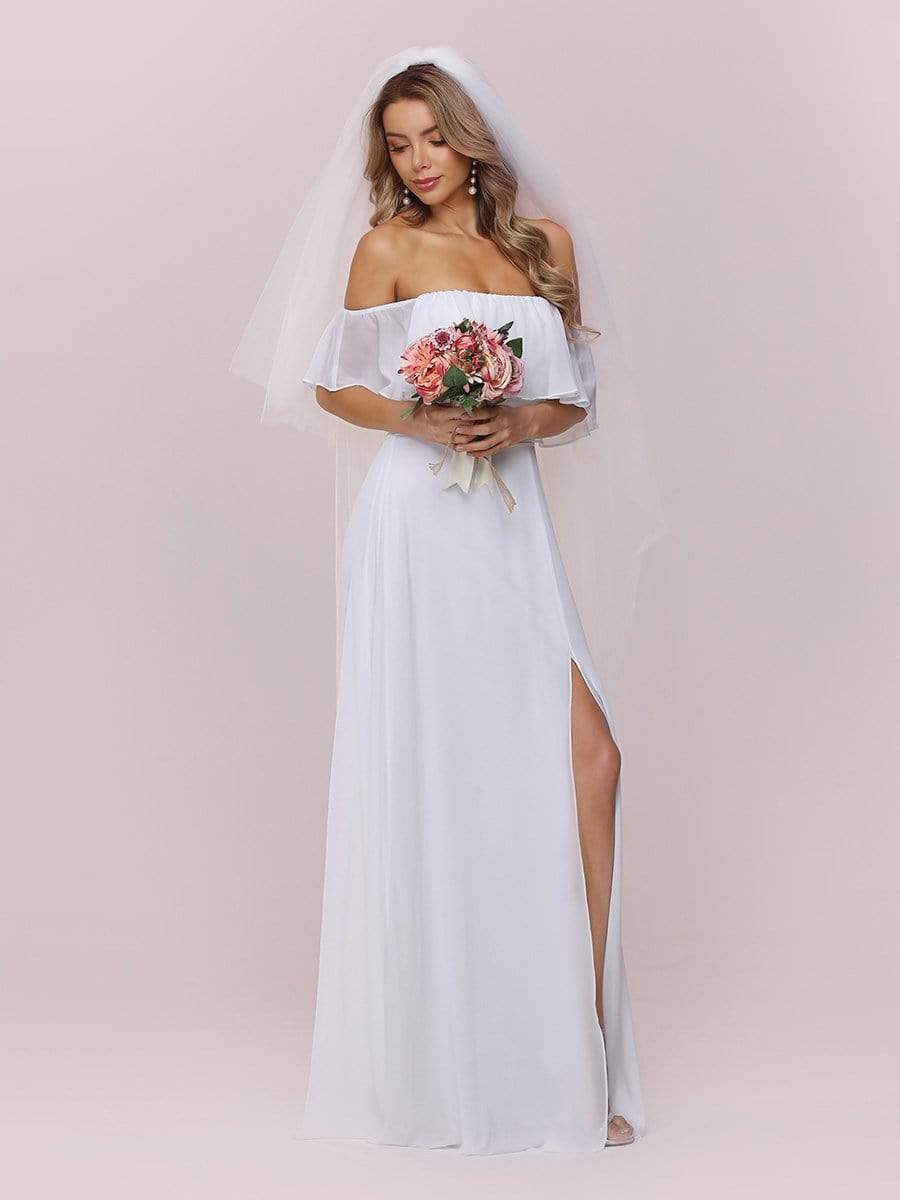 Plain Off Shoulder Chiffon Wedding Dress with Side Split #color_White