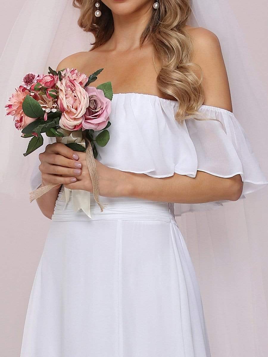 Plain Off Shoulder Chiffon Wedding Dress with Side Split #color_White