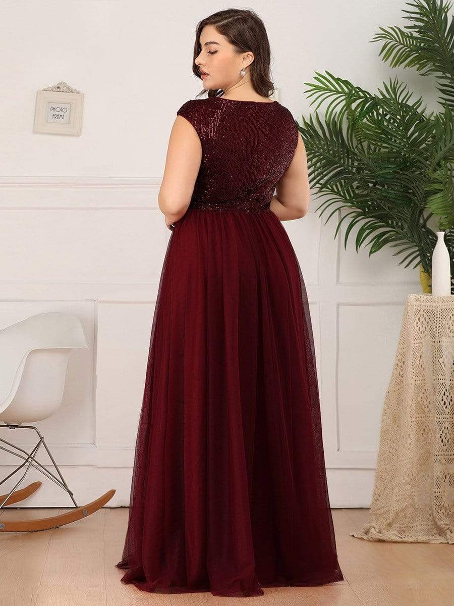 Sexy Deep V-neck Backless Tulle Maxi Evening Dresses #color_Burgundy