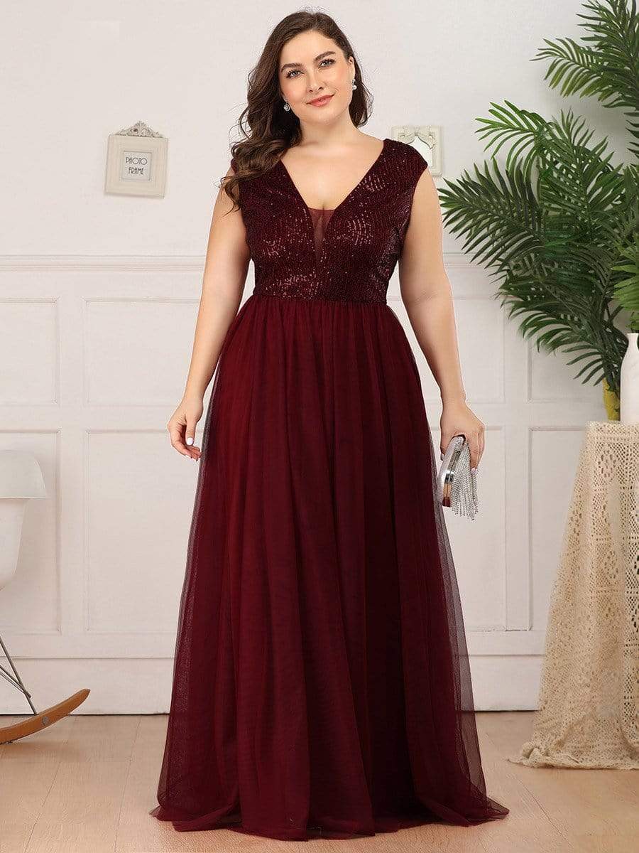 Sexy Deep V-neck Backless Tulle Maxi Evening Dresses #color_Burgundy