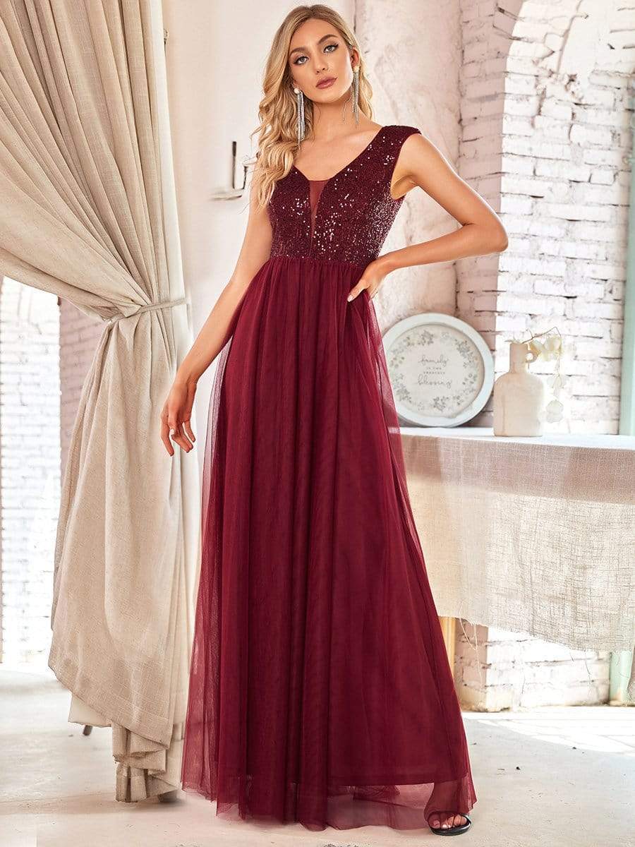 Sexy Deep V-neck Backless Tulle Maxi Evening Dresses #color_Burgundy