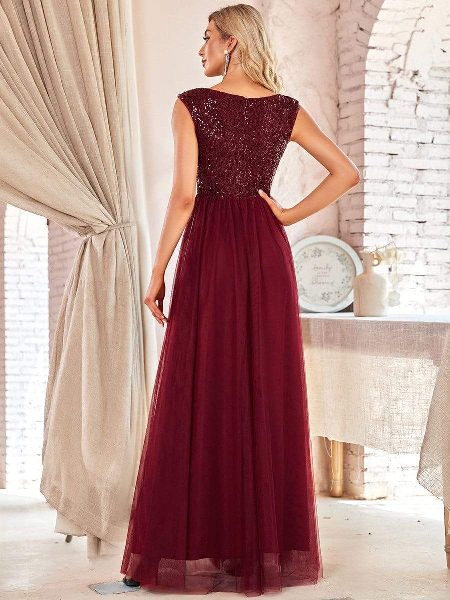 Sexy Deep V-neck Backless Tulle Maxi Evening Dresses #color_Burgundy