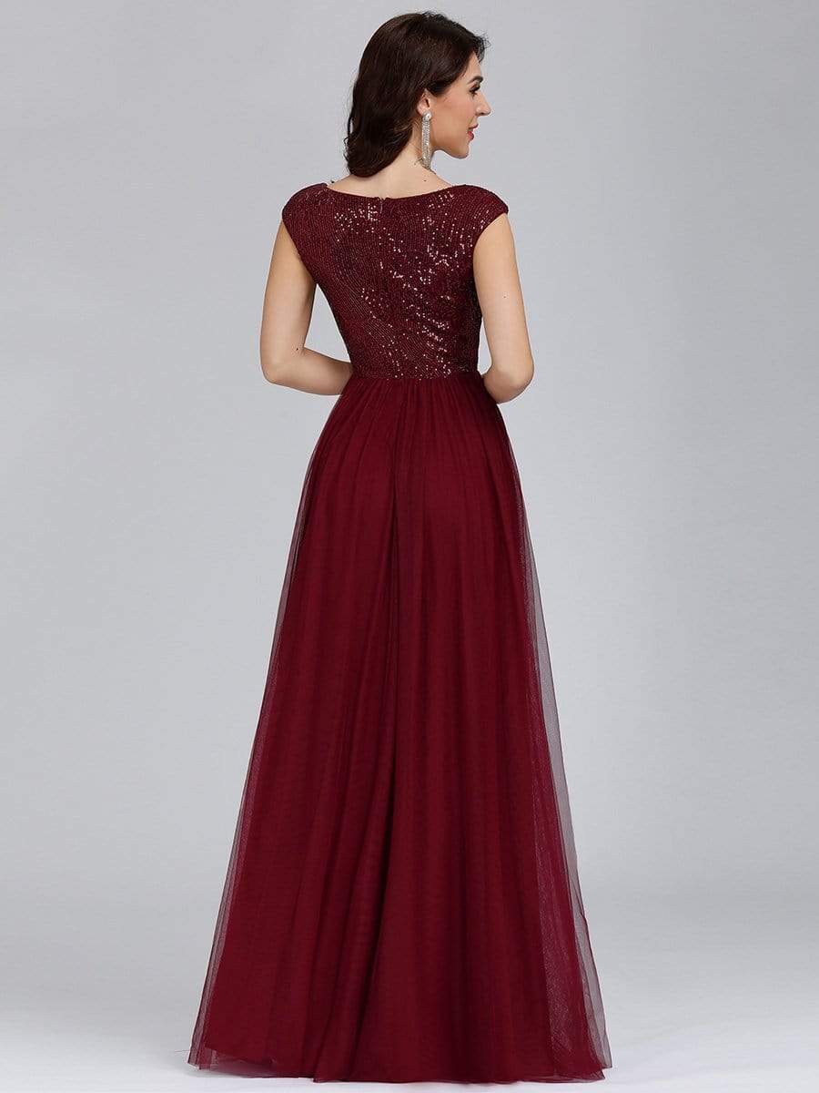 Sexy Deep V-neck Backless Tulle Maxi Evening Dresses #color_Burgundy