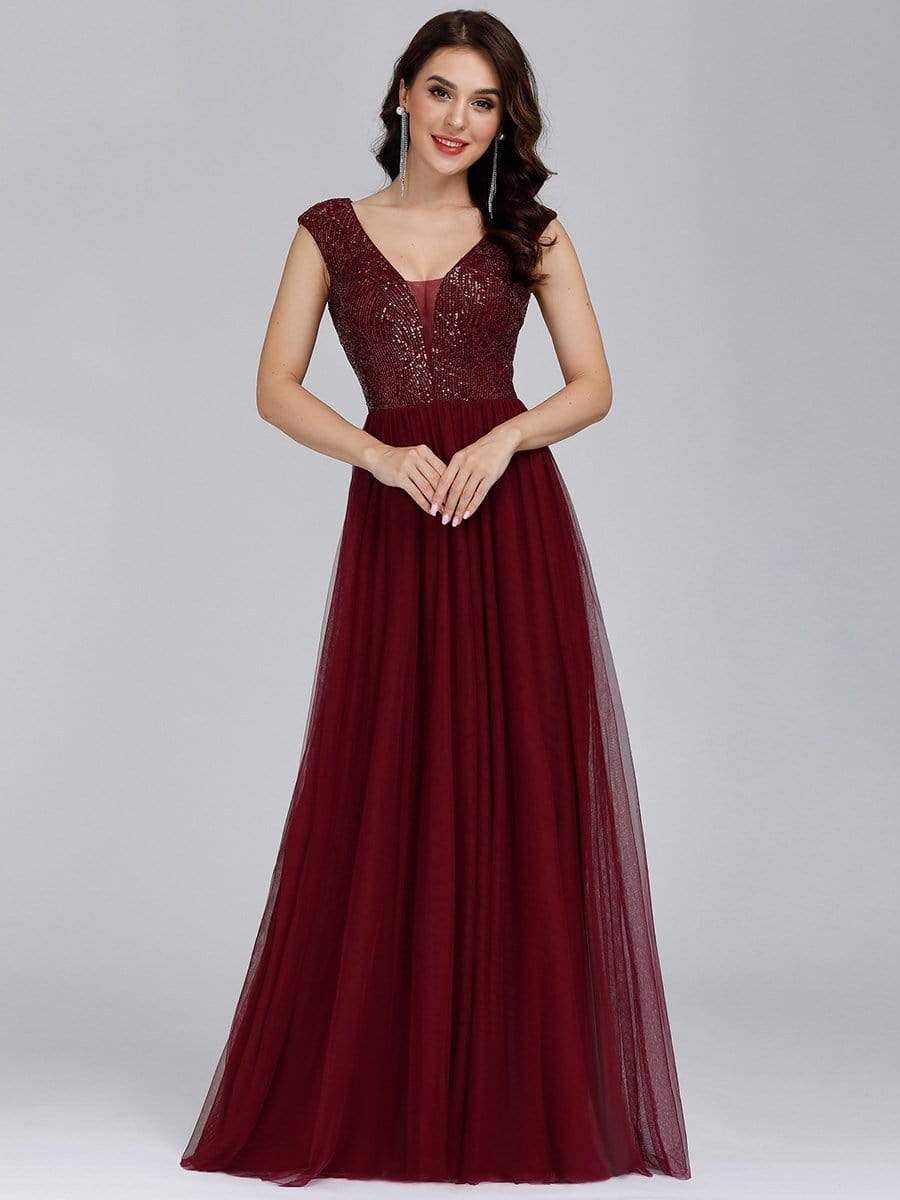 Sexy Deep V-neck Backless Tulle Maxi Evening Dresses #color_Burgundy