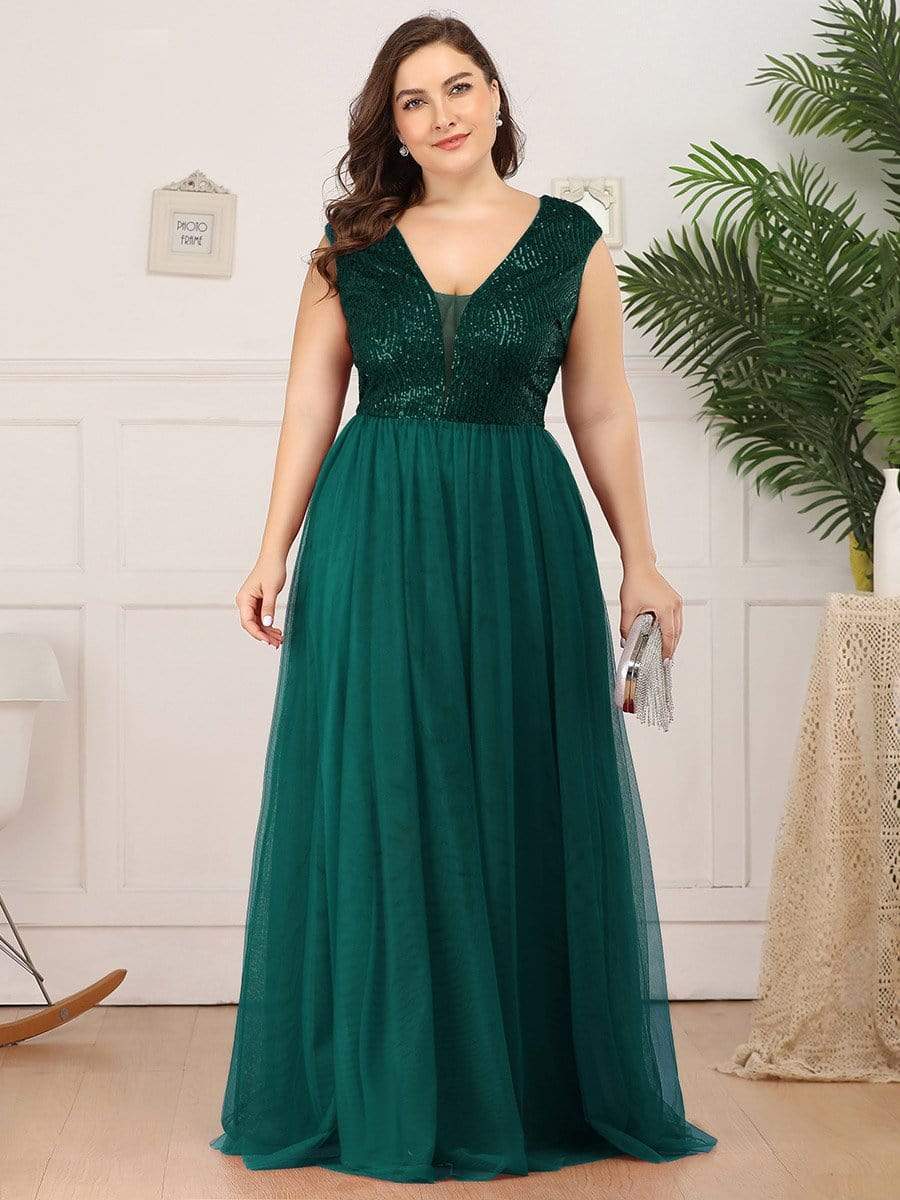 Sexy Deep V-neck Backless Tulle Maxi Evening Dresses #color_Dark Green