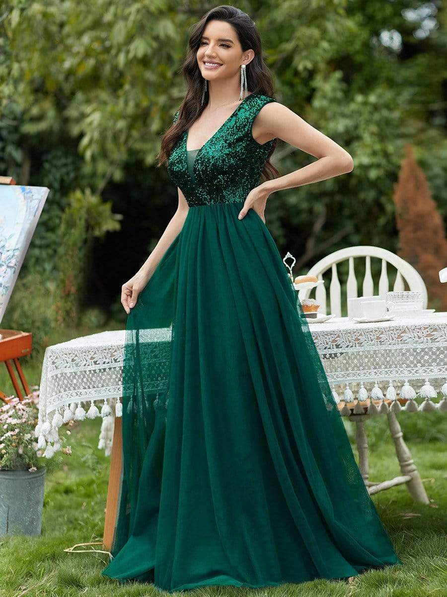 Sexy Deep V-neck Backless Tulle Maxi Evening Dresses #color_Dark Green