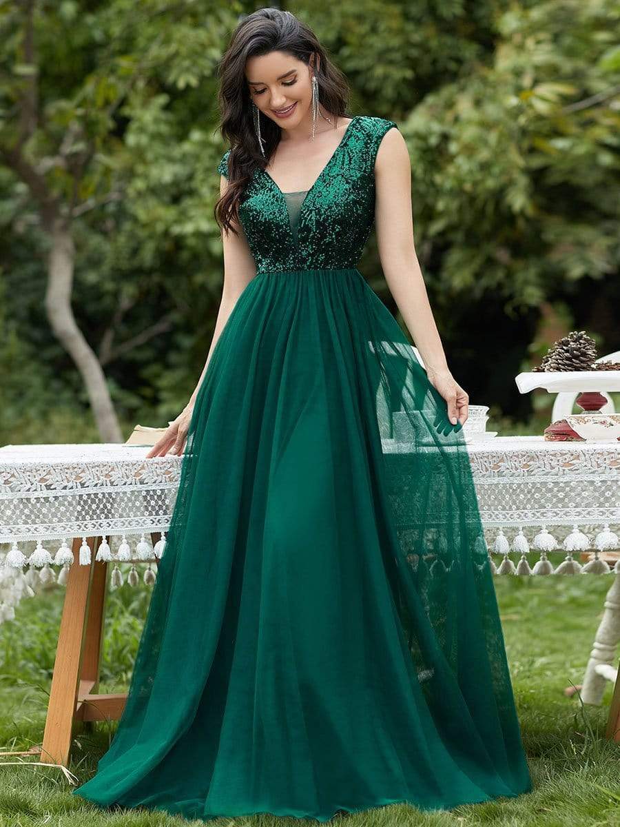 Sexy Deep V-neck Backless Tulle Maxi Evening Dresses #color_Dark Green