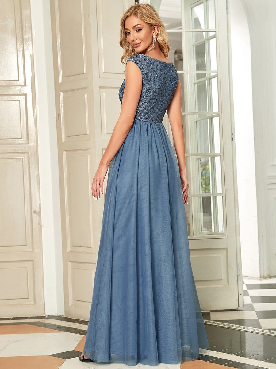 Sexy Deep V-neck Backless Tulle Maxi Evening Dresses #color_Dusty Navy