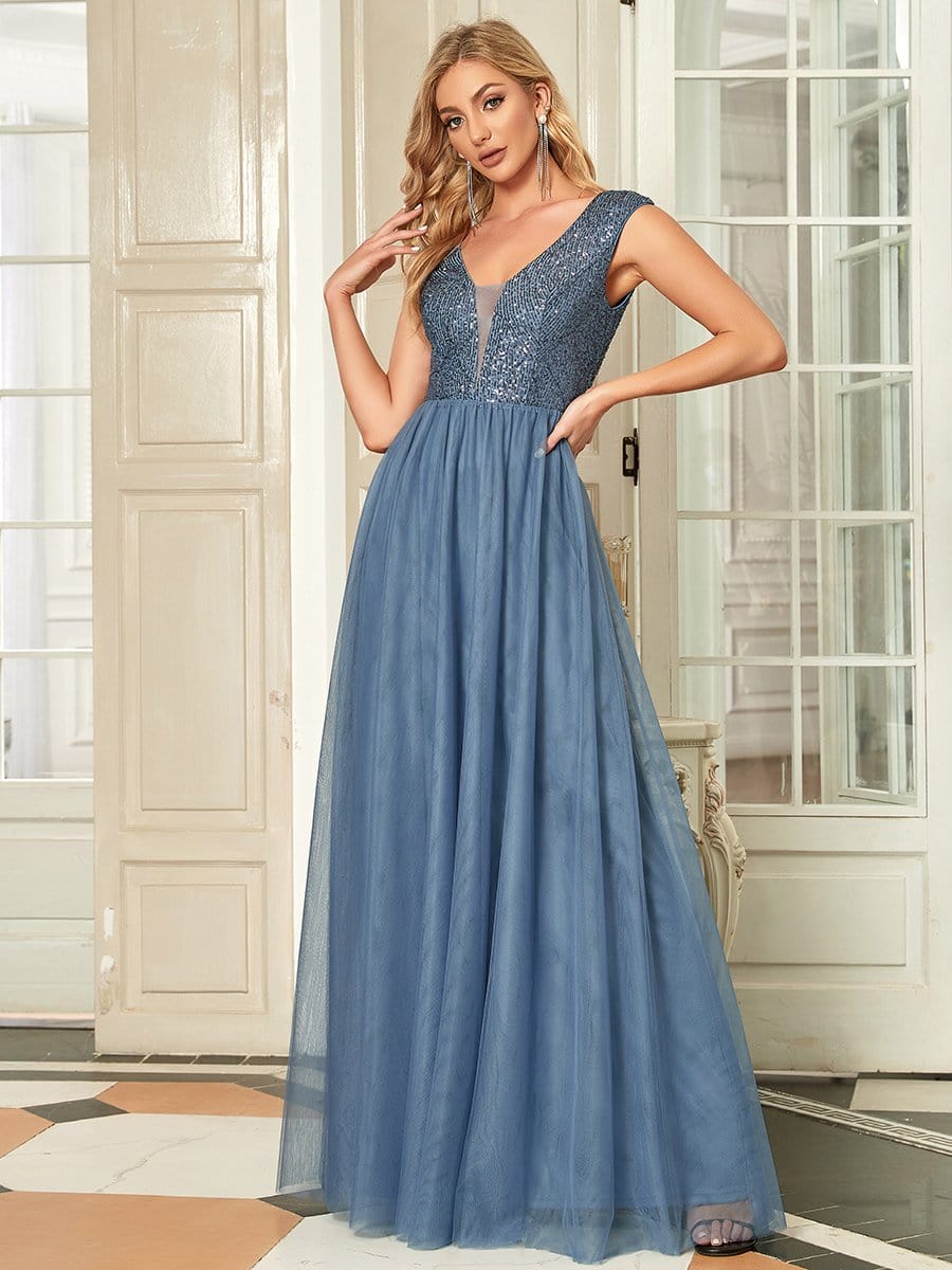 Sexy Deep V-neck Backless Tulle Maxi Evening Dresses #color_Dusty Navy