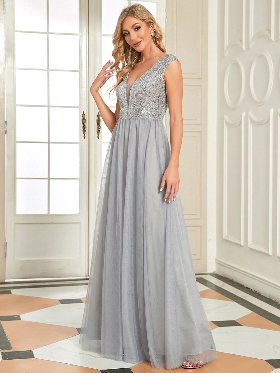Sexy Deep V-neck Backless Tulle Maxi Evening Dresses #color_Grey
