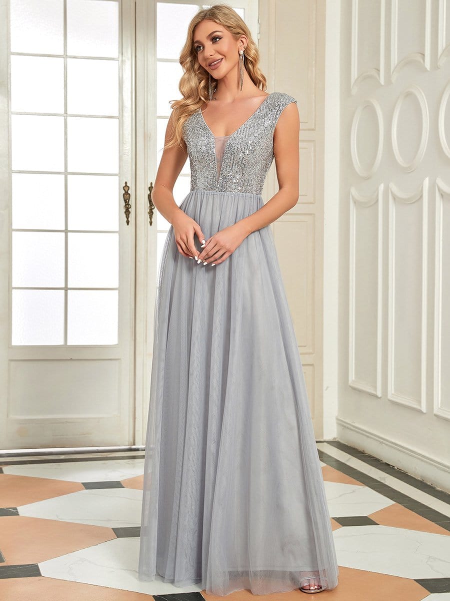 Sexy Deep V-neck Backless Tulle Maxi Evening Dresses #color_Grey