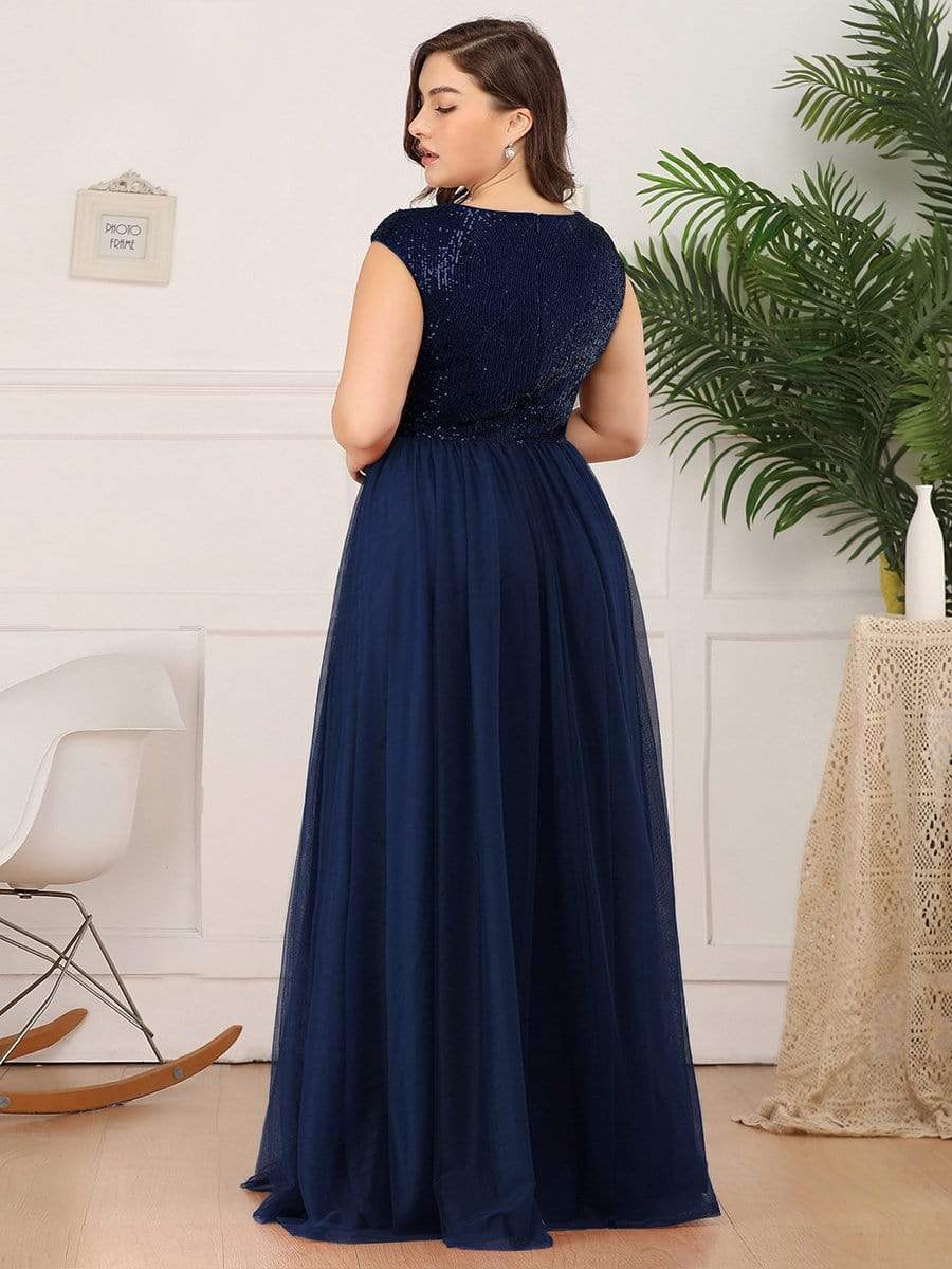 Sexy Deep V-neck Backless Tulle Maxi Evening Dresses #color_Navy Blue