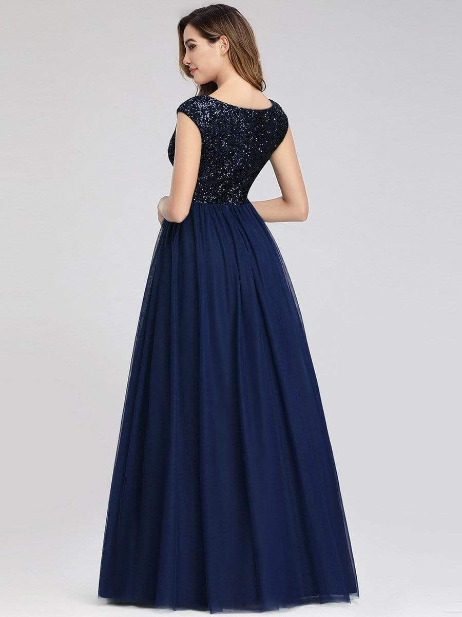Sexy Deep V-neck Backless Tulle Maxi Evening Dresses #color_Navy Blue