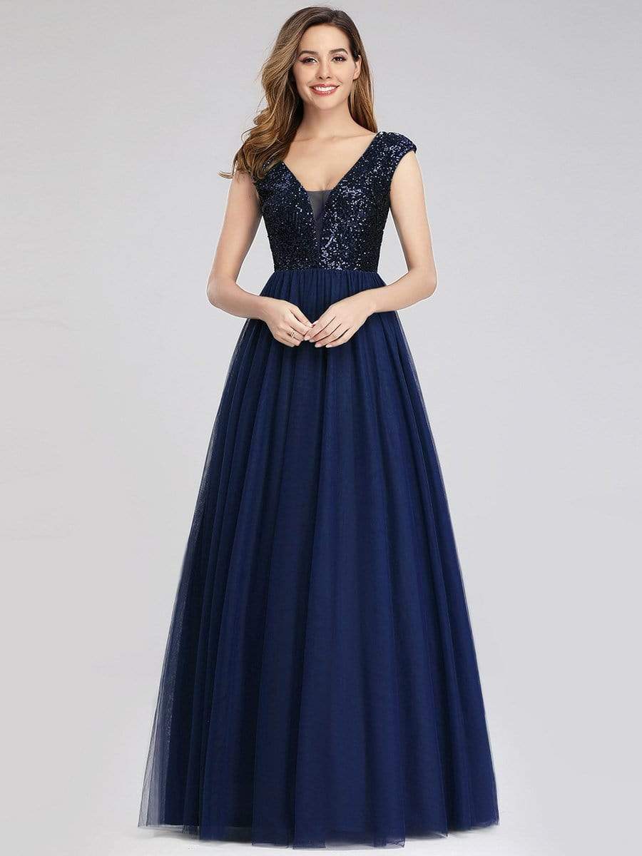 Sexy Deep V-neck Backless Tulle Maxi Evening Dresses #color_Navy Blue